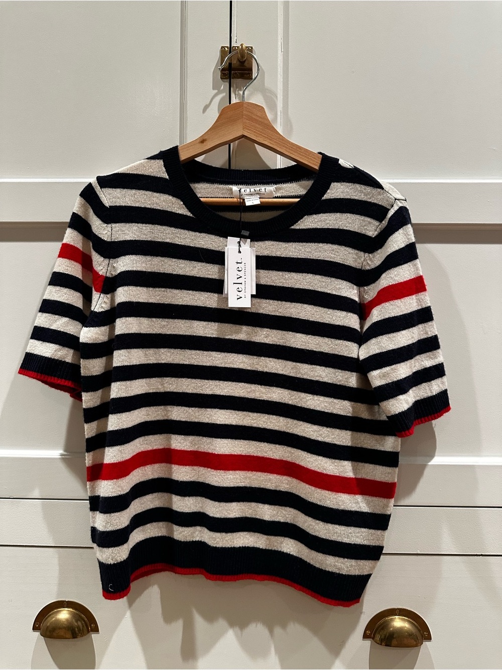 Velvet Striped Short-Sleeve Knit Top - Black, Cream & Red